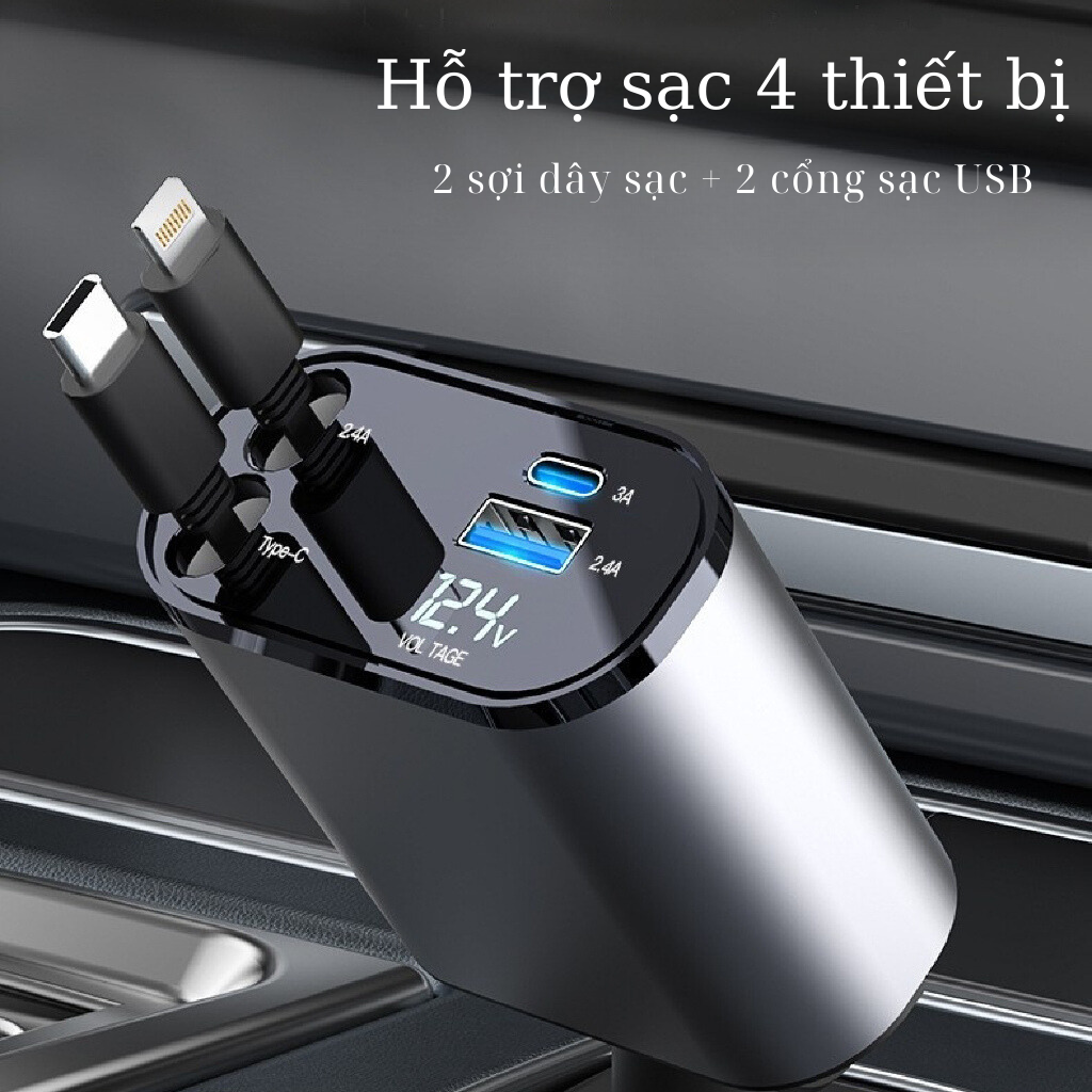 Tẩu Sạc Ô Tô Kèm Cáp Dây Rút 2 Đầu Type C + Lightning