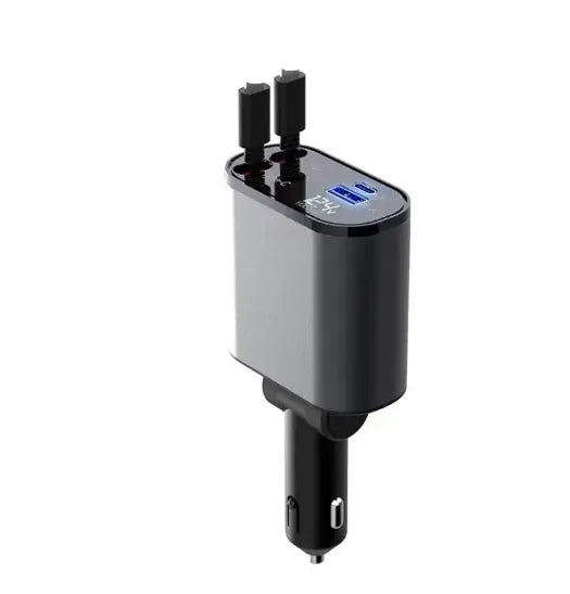 Tẩu Sạc Ô Tô Kèm Cáp Dây Rút 2 Đầu Type C + Lightning